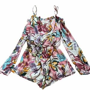Peach Love California Floral Off-Shoulder Romper in Pink, Teal & Mustard